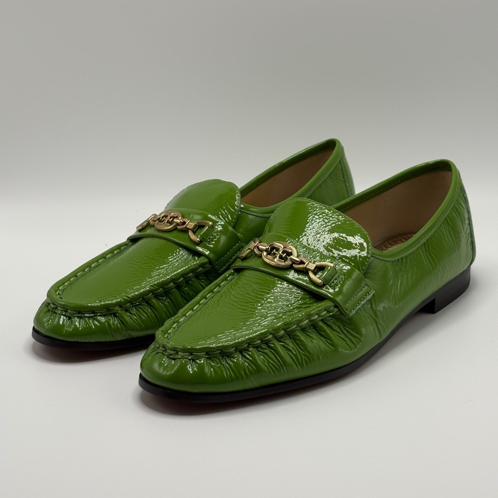 Sam Edelman Lucca Green Crinkled Patent Leather Loafers Horsebit 7M Preppy READ